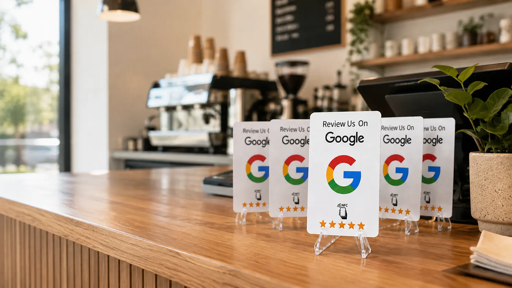 Google review cards displayed on a Melbourne cafe counter